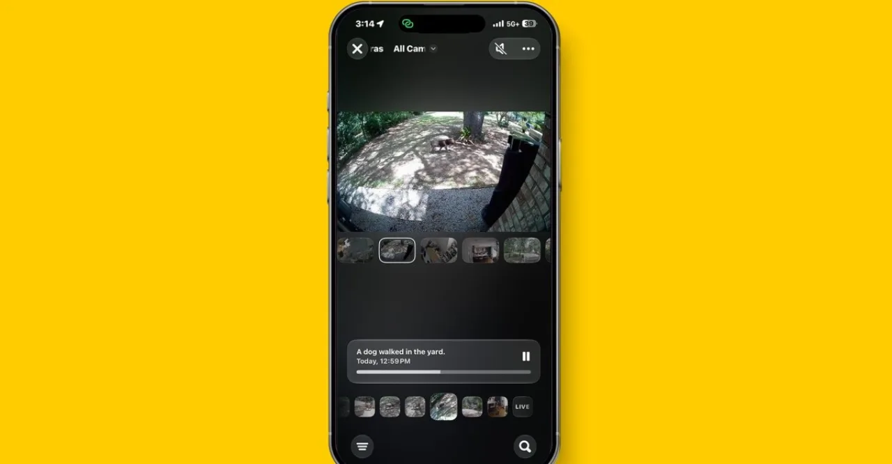 Tela do app Apple Home mostrando ícone de IA, miniaturas de vídeos das câmeras e badge de assinatura iCloud Plus $60/mês