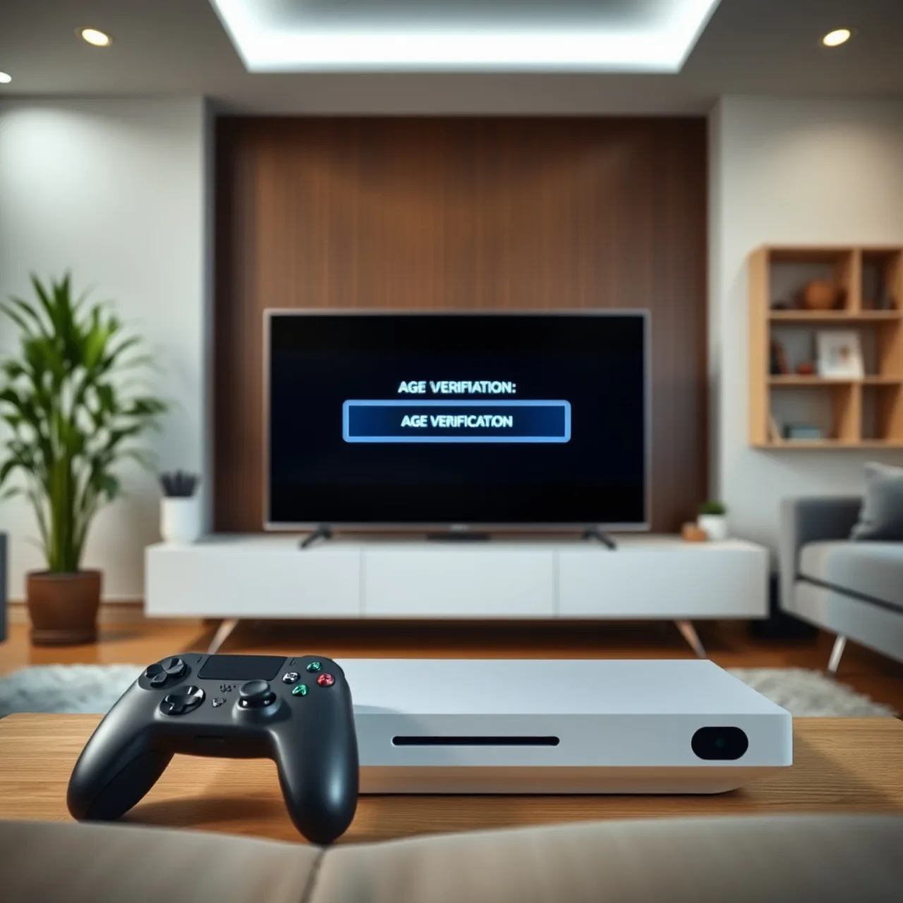 Jovem segurando controle Xbox diante de tela com selo 18+ e documentos de identidade