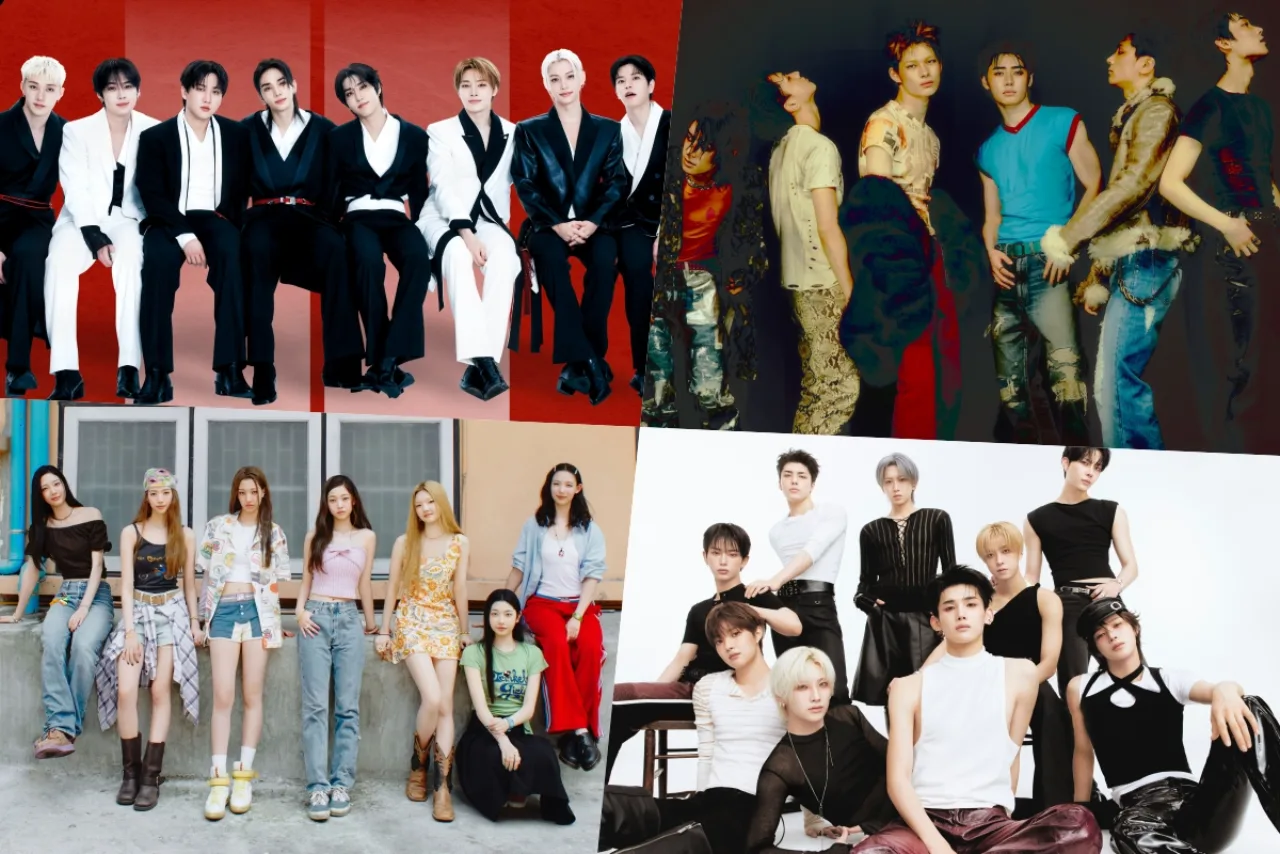 Capa de álbum de Stray Kids ao lado das três capas de BTS, sobre fundo da lista Billboard World Albums