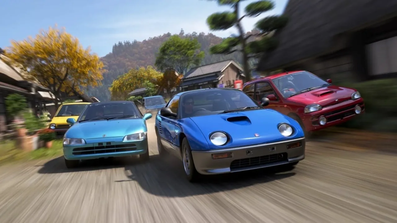 Carro itasha com adesivos de anime nas ruas de Tóquio dentro de Forza Horizon 6, exibindo um ícone de banimento