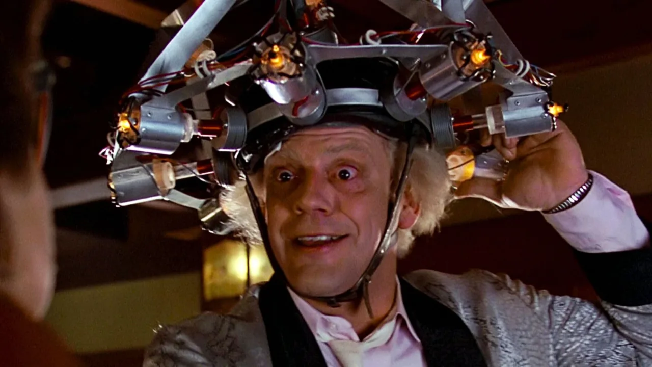 Pôster de Back to the Future com Marty, Doc e o DeLorean, assinaturas de 12 membros do elenco