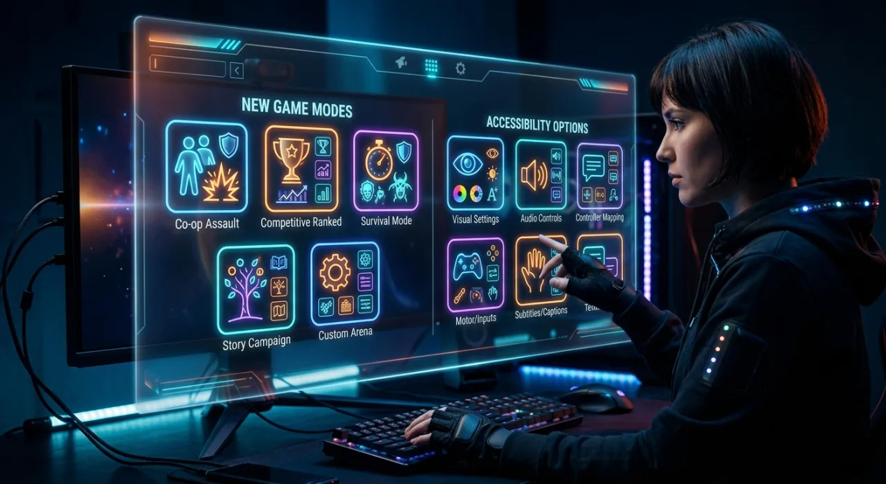Tela do jogo Saros exibindo o logo Zenith ao lado dos ícones de New Game+ e Boss Rush, com um piloto em ação