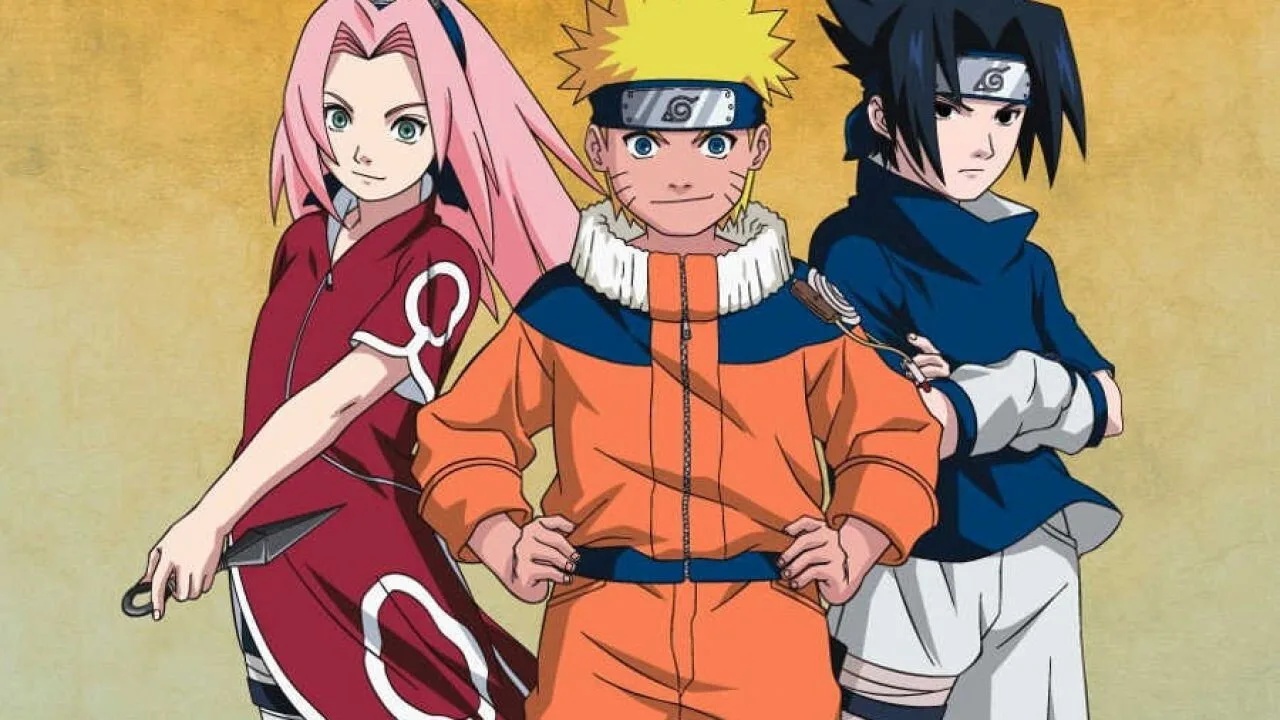 Jovem vestindo roupa de ninja faz flexão ao lado de um pôster de Naruto e um tapete de yoga