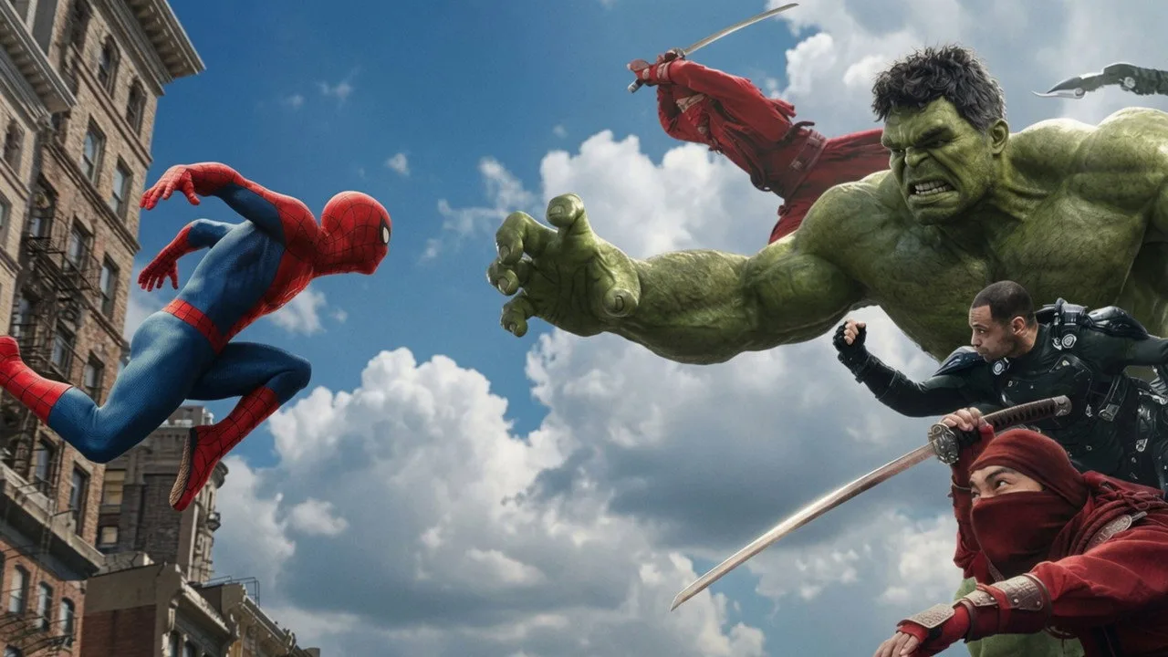 Homem musculoso fazendo flexão ao lado de pôster do Hulk e Spider-Man, com halteres e garrafa d'água