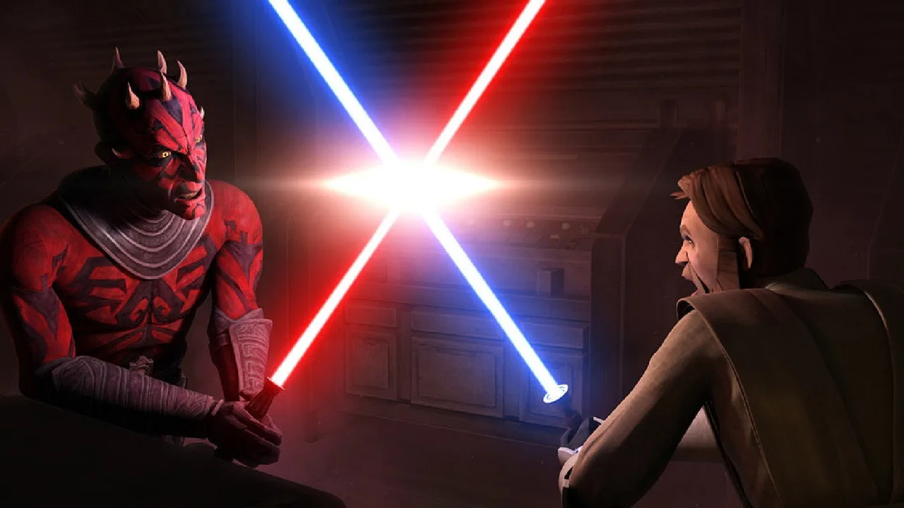 Um fã de Star Wars vestindo camiseta temática levanta halteres ao lado de um pôster de Palpatine