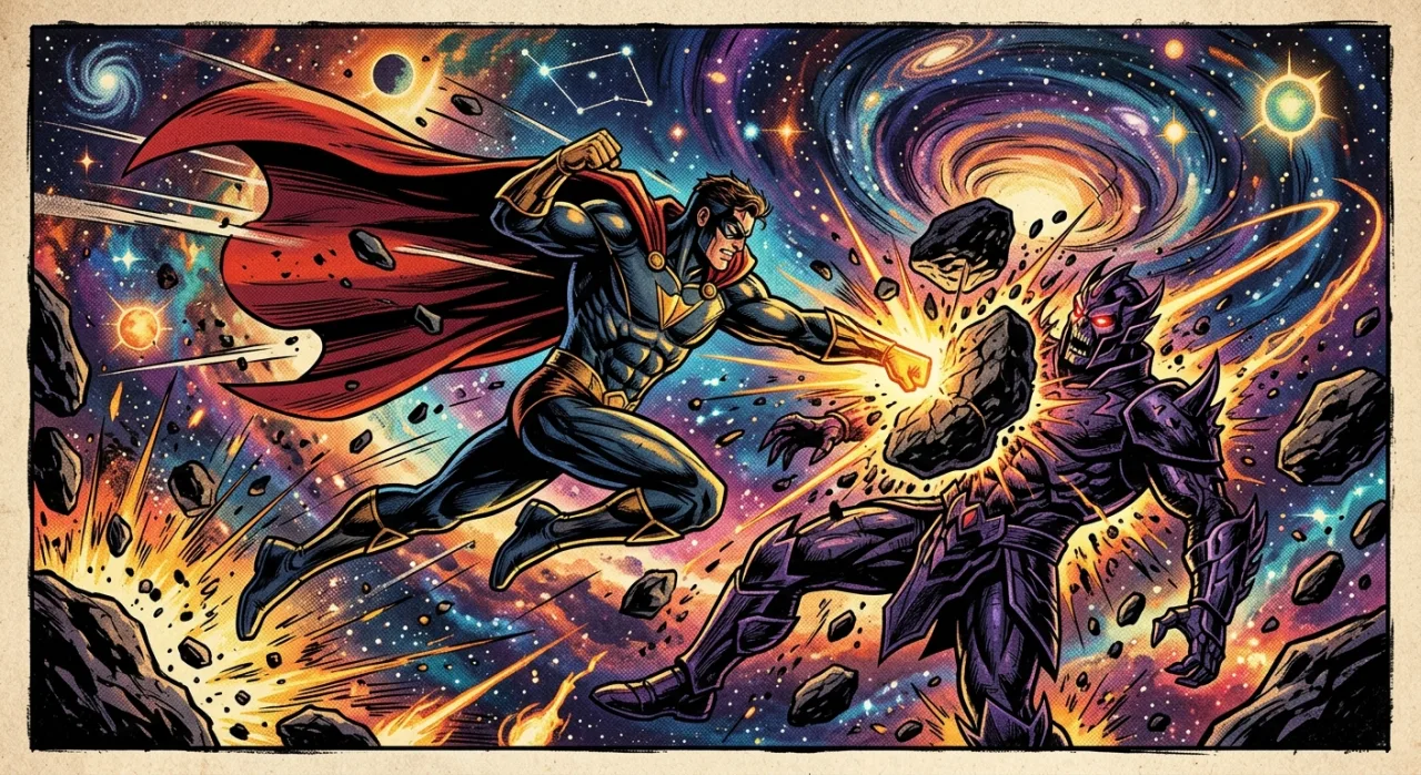 Jovem levanta halteres ao lado de pilhas de quadrinhos da Marvel e DC, vestindo camiseta com arte de Jack Kirby