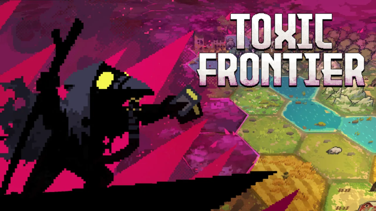 Logo de Toxic Frontier sobre fundo de mapa pós‑apocalíptico com edifícios em construção e cartas espalhadas, ao lado do ícone Steam