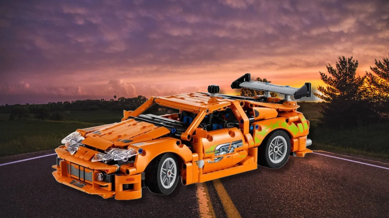 Conjunto LEGO Technic Fast & Furious Toyota Supra MK4 em destaque, mostrando o carro em miniatura detalhado