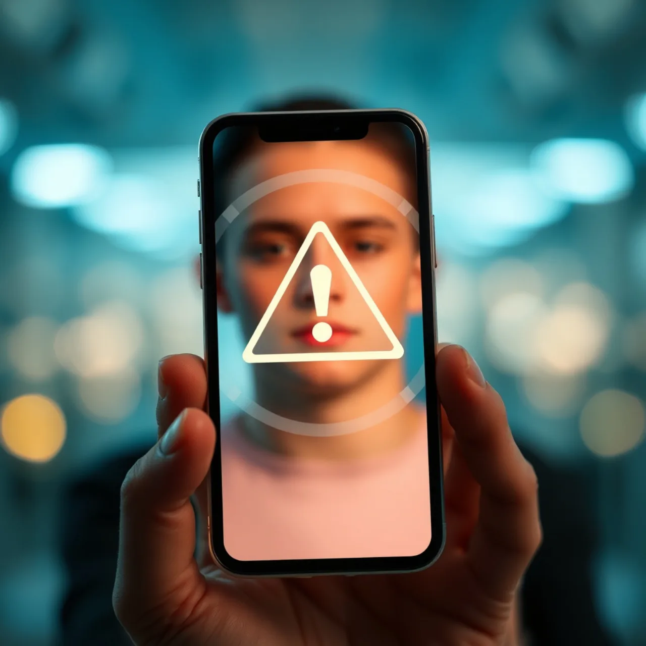 Um jovem segurando o celular, com ícones de código e um cérebro digital sobrepostos, enquanto faz agachamento