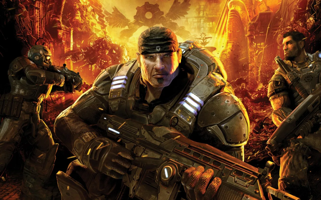 Pessoa focada treinando intensamente com halteres ao lado de um monitor exibindo a logo de Gears of War: E-Day