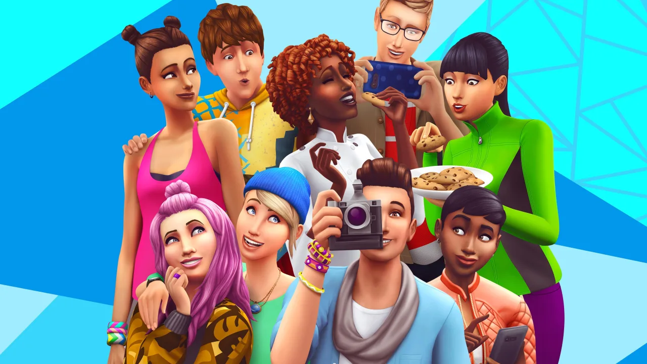 Jovem em roupa de treino, usando fones, joga The Sims 4 no laptop enquanto faz agachamento com barra
