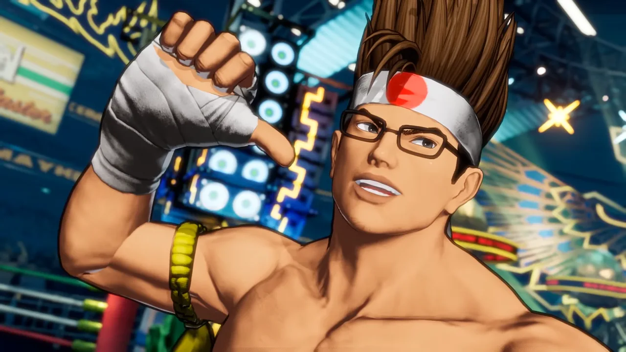Logo de Fatal Fury: City of the Wolves ao lado dos seis lutadores em pose de combate, sobre fundo escuro de arcade