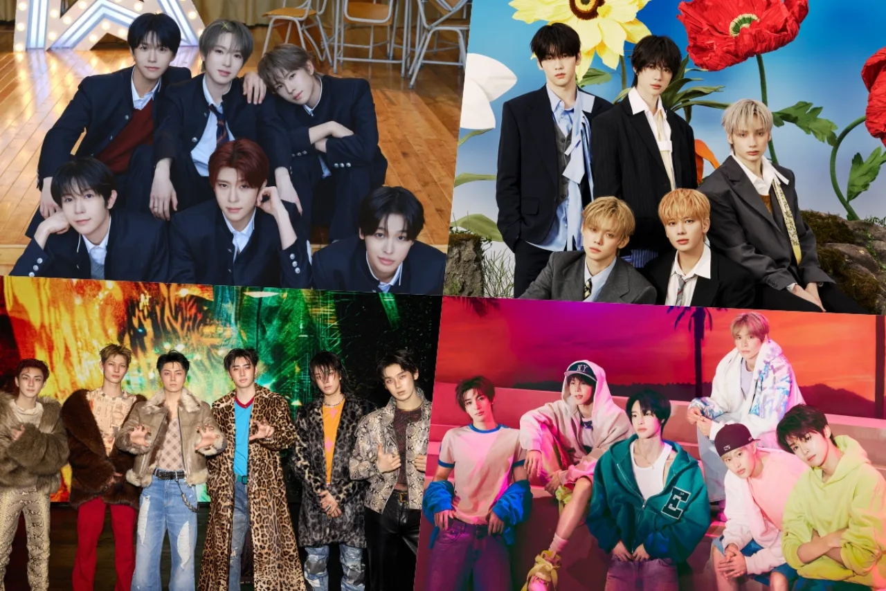 Membros de NCT WISH, TXT e ENHYPEN posam ao lado de discos de ouro e platina, com o logotipo da RIAJ ao fundo