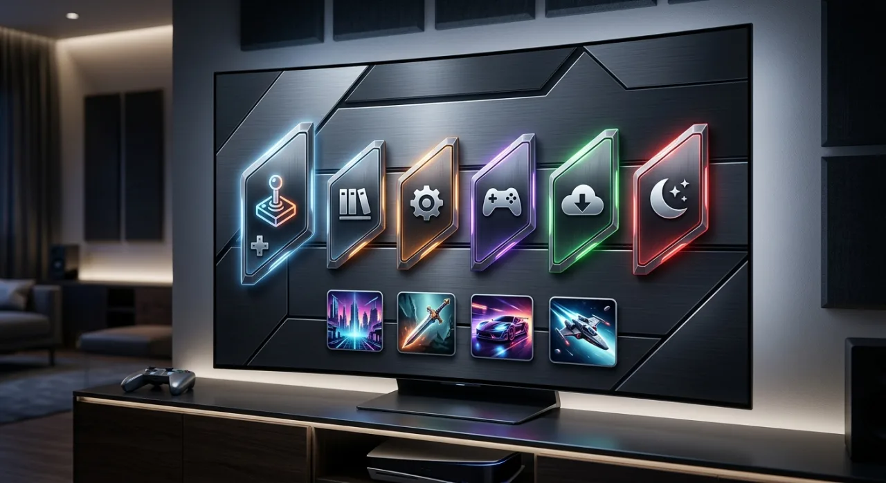 Tela do Xbox exibindo o novo dashboard Blades com ícones em forma de lâminas e logo da Xbox