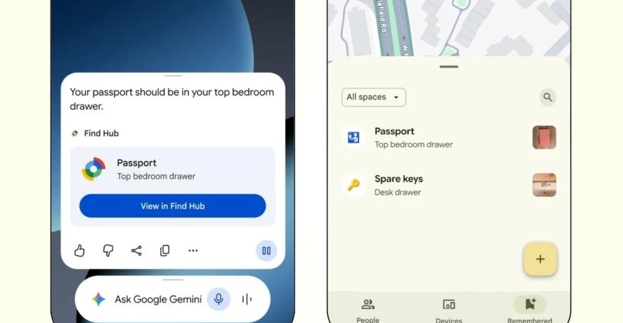 Jovem em roupa de treino segura smartphone com tela do Find Hub ao lado de halteres e garrafa d'água