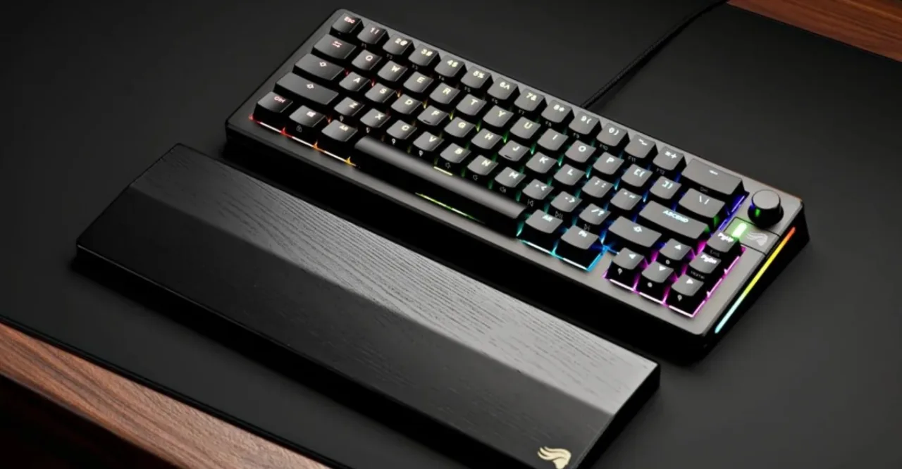 Teclado mecânico Glorious GMMK 3 sobre mesa, com switches desmontados e keycaps coloridos ao lado