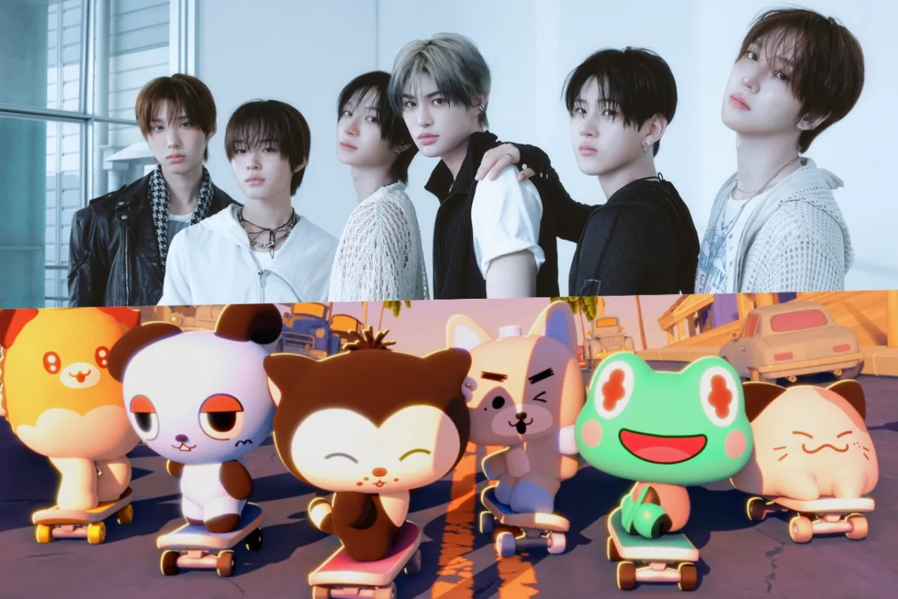 Os KICKDOONGS, mascotes coloridos que representam cada integrante do KickFlip, aparecem ao lado do logo da JYP