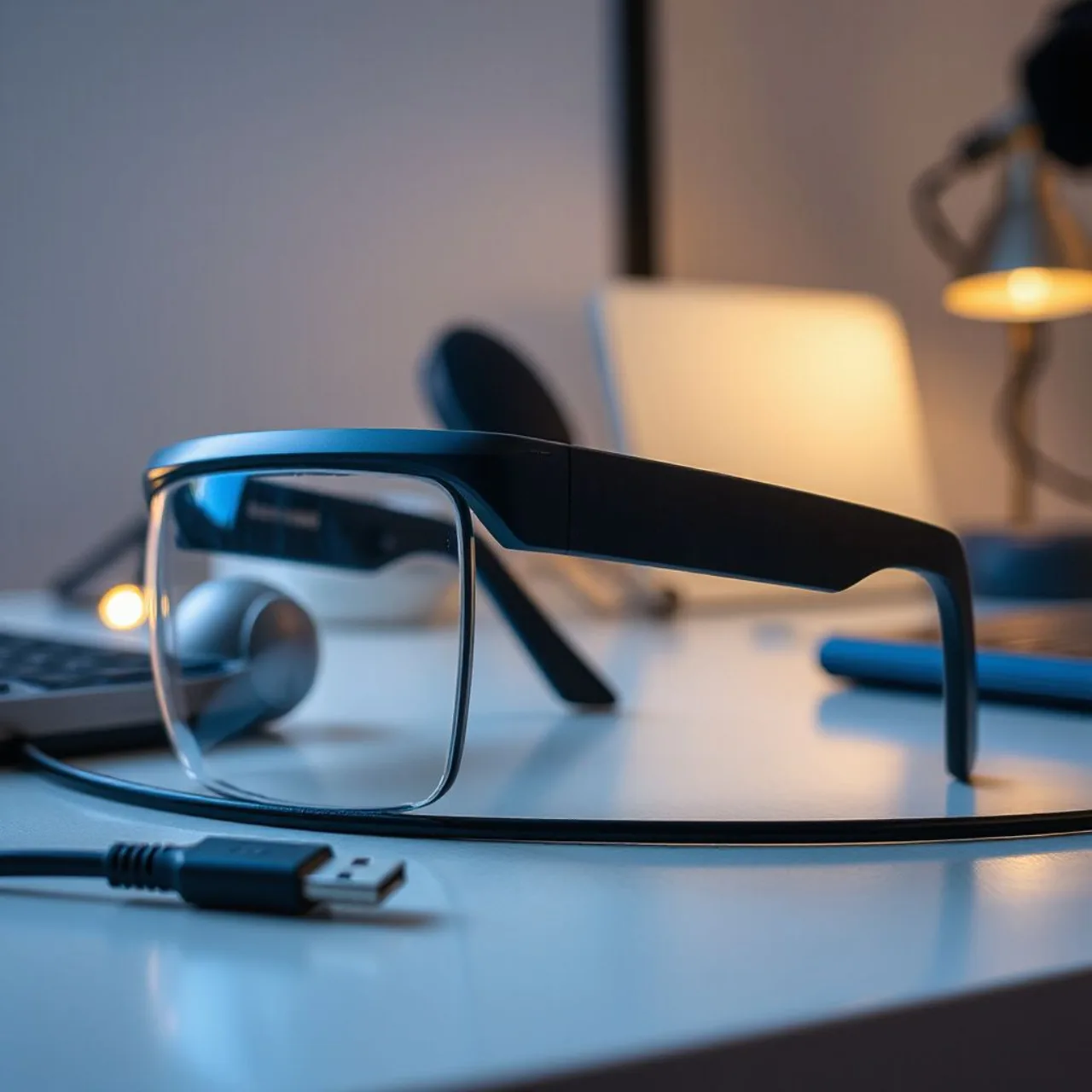 Óculos Xreal 1S sobre mesa com etiqueta $399, conectados a laptop, projetando tela virtual