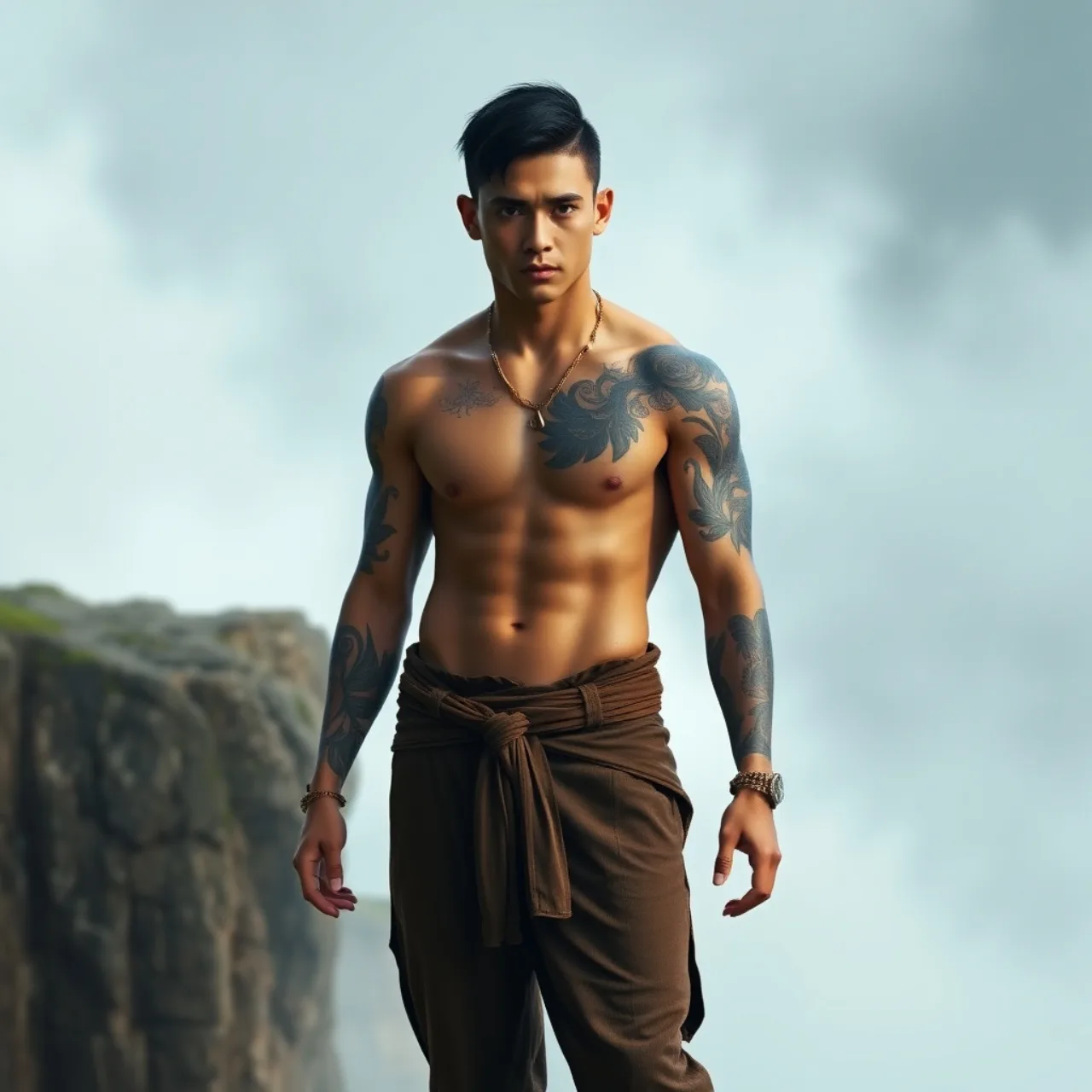 Aang adulto, torso musculoso, vestindo roupa de batalha e fazendo pose de artes marciais, com fundo de nuvem