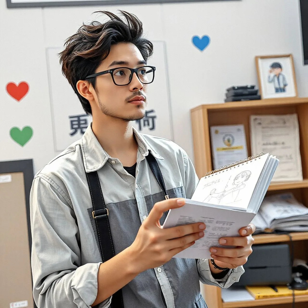 Daichi Banjou em retrato segurando pincel, com o logo de Dan Doh!! ao fundo