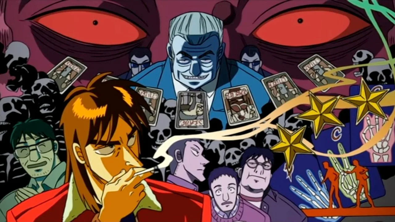 Jovem fazendo flexões no sofá, com pipoca ao lado e cartaz de Kaiji ao fundo
