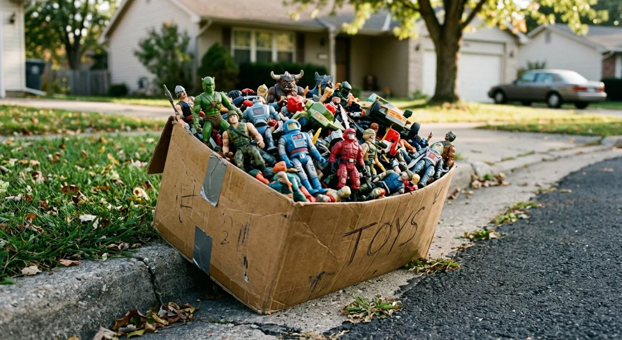 Jovem fazendo agachamento segurando a caixa de Transformers dos anos 80, com brinquedos coloridos à vista