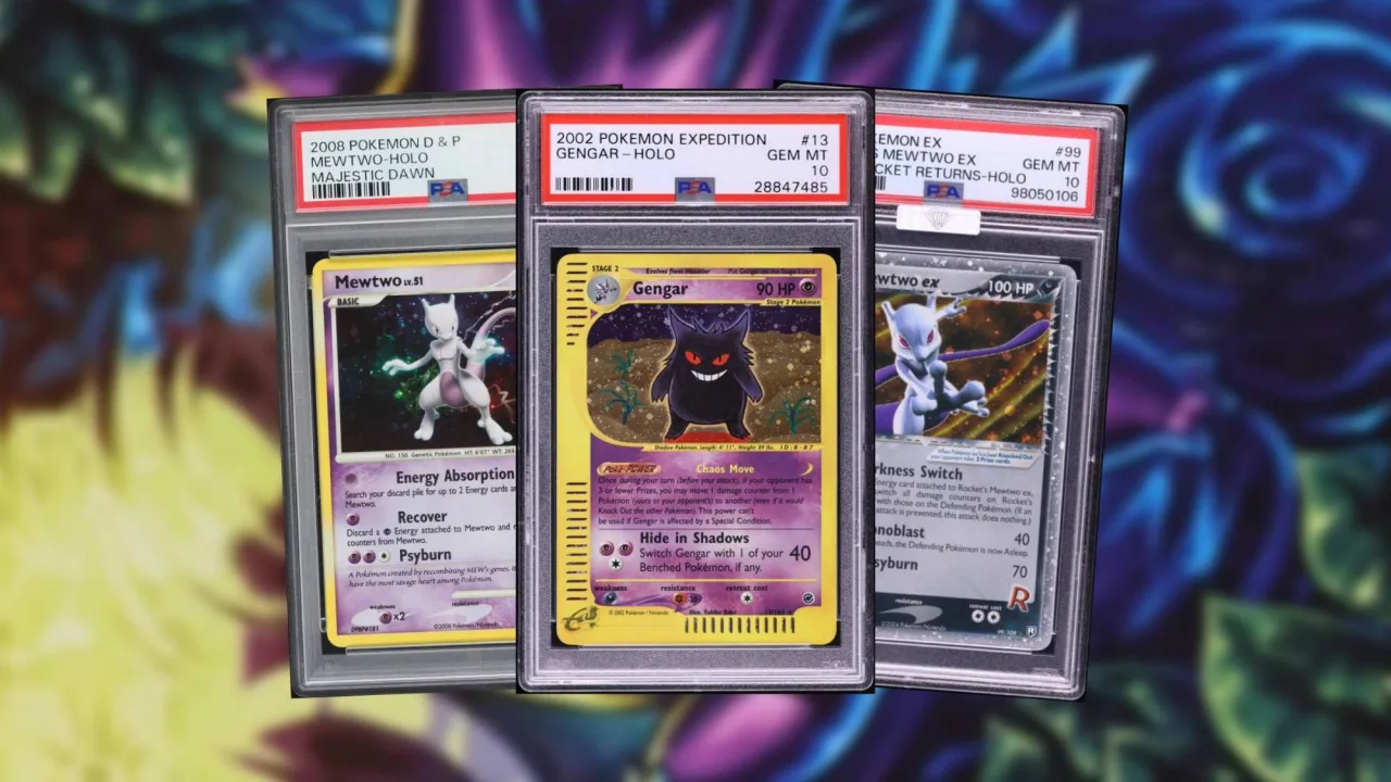 Atleta segurando cartas de Mewtwo e Gengar enquanto faz supino com halteres em academia