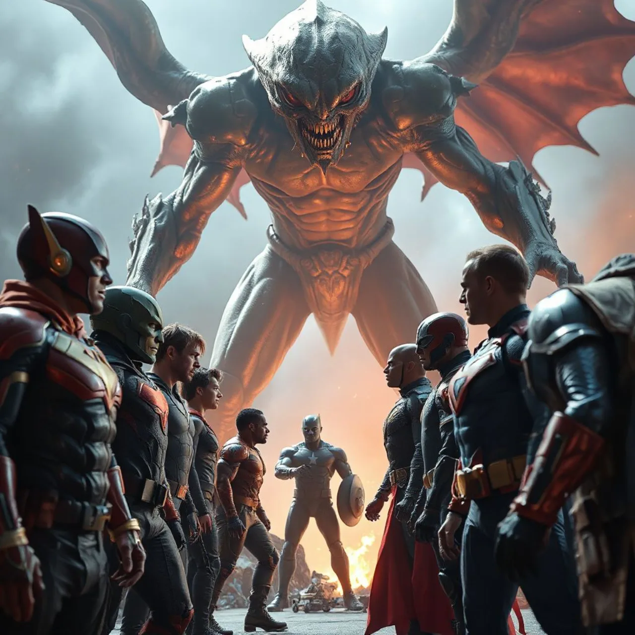 Capa mostra Darkseid, Lex Luthor e Brainiac ao lado dos símbolos da Justice League e dos Vingadores