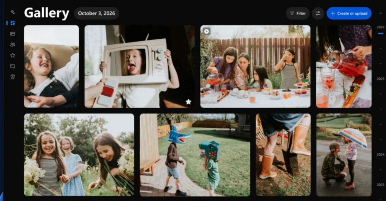 Microsoft Photos no Windows 11 exibindo galeria com ícones do OneDrive e iCloud ao lado do logo da Microsoft