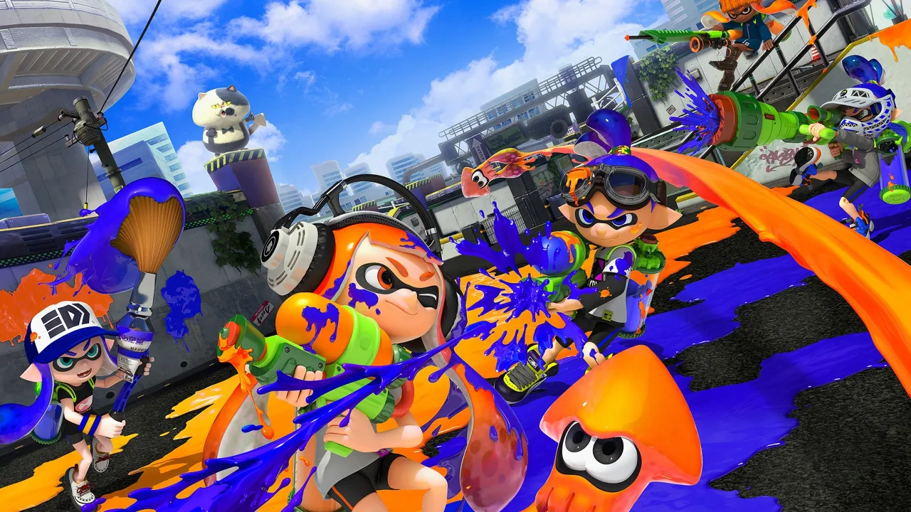 Jovem vestindo camiseta de Splatoon, segurando controle, fazendo agachamento com garrafa d'água ao lado