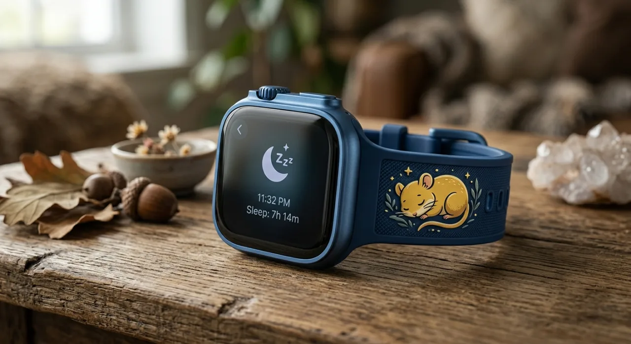 Smartwatch Fitbit Air Pokémon Sleep azul ao lado de um travesseiro, lâmpada suave e um Pikachu sonolento na cabeceira
