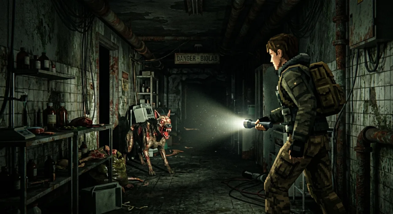 Tela pixelada do protótipo mostra um zumbi inspirado no filme Resident Evil 2026, com logo da franquia ao fundo