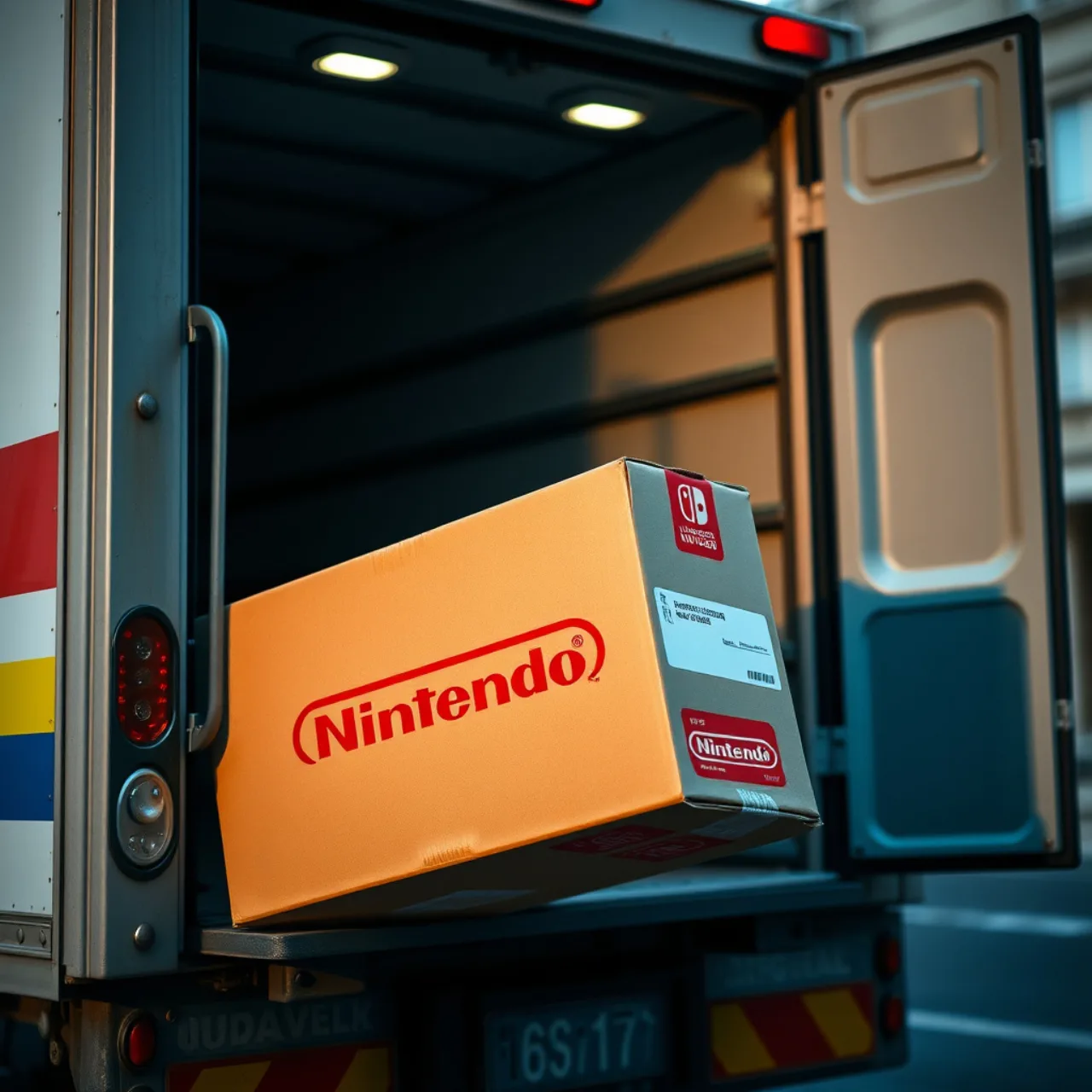 Jogador segurando o controle do Nintendo Switch em casa, ao lado de uma caixa de entrega com selo “Frete grátis”