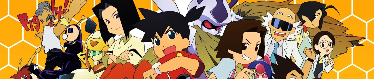 Robô Medabot posicionado ao lado de um controle retrô e uma garrafa de água em um ambiente tecnológico