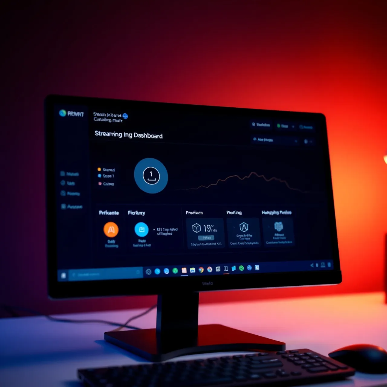 Jogador sentado frente a PC, microfone e câmera, tela exibindo código binário e logo da Twitch