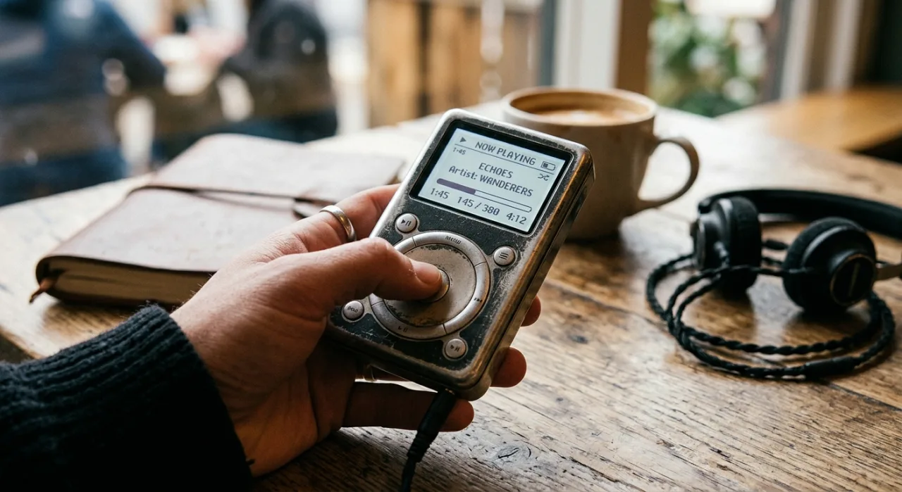 iPod original de primeira geração com roda de clique ao lado do logo do Apple Music em tela 404