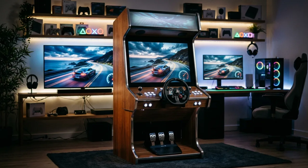Cabine arcade de Ace Driver Victory Lap ao lado dos logos do Switch, PS5 e Xbox Series X, com o selo Arcade Archives