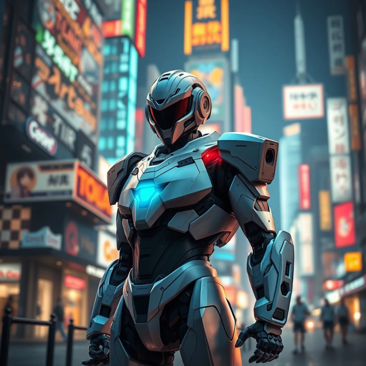 Jovem em traje neon faz flexões ao lado de holograma do robô Casshan 2045