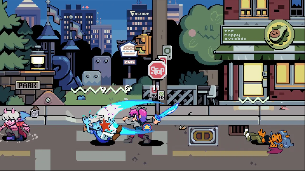 Jovem em camiseta gamer faz agachamento segurando o controle do Scott Pilgrim EX ao lado de um copo de água
