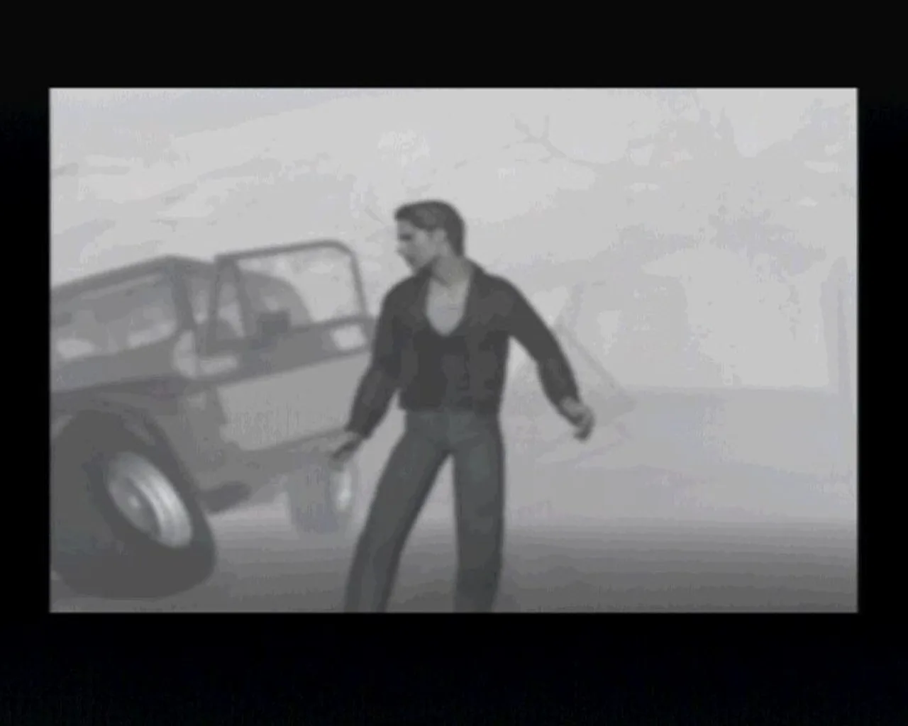Jogador em postura de agachamento, segurando o controle, com luzes de névoa de Silent Hill ao fundo