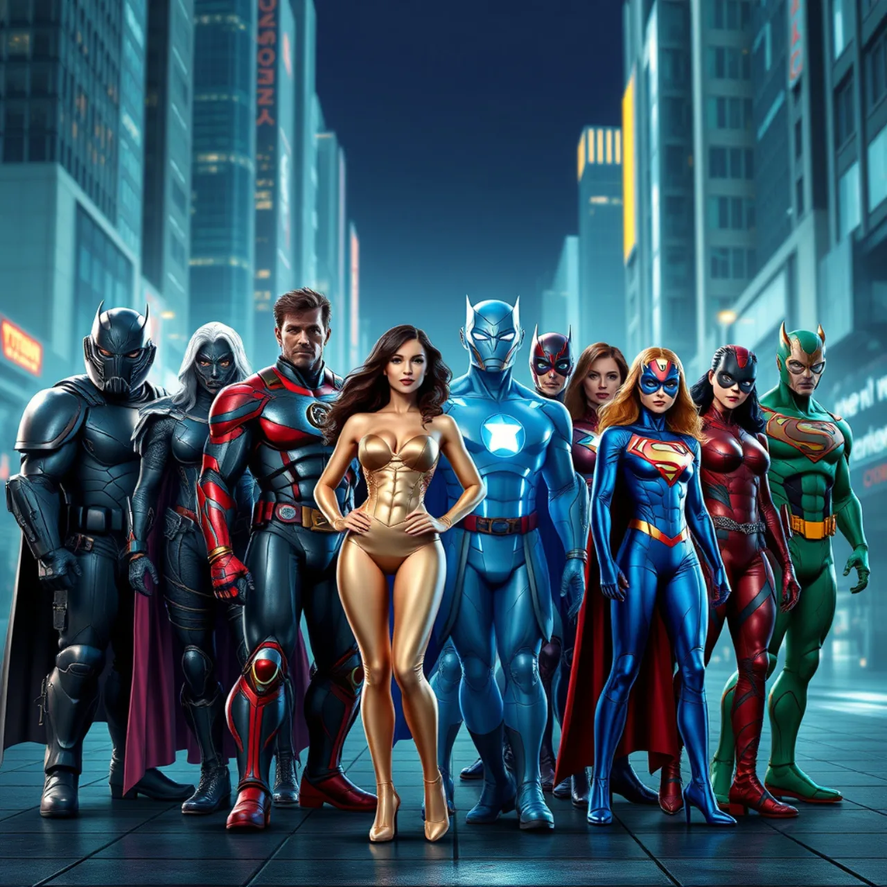 Um atleta musculoso, vestindo capa vermelha, levanta halteres enquanto um logo da Justice League brilha ao fundo