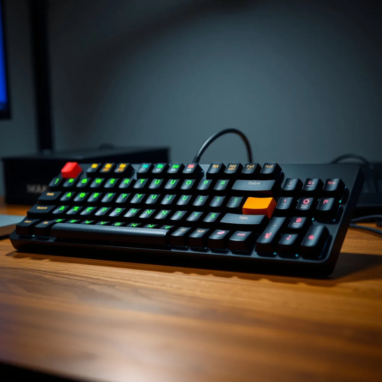 Pessoa em roupa esportiva digitando em teclado mecânico RGB ao lado de halteres e garrafa d'água