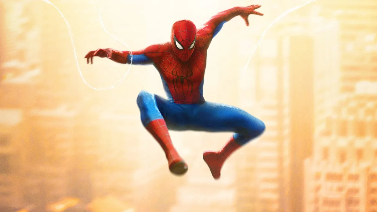 Atleta vestindo camiseta com aranha, fazendo pull‑up em barra de ginásio, ao lado de pôster de filmes da Sony