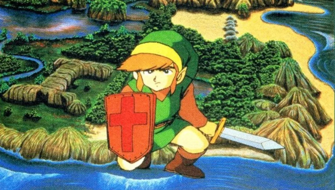 Link de massinha segurando uma espada de queijo ao lado de um escudo de modelar em um cenário de stop-motion