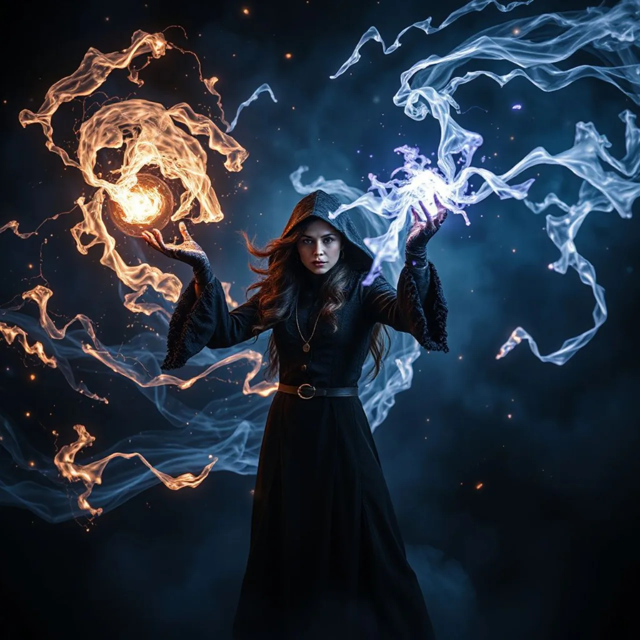 Wanda Maximoff em traje vermelho levanta as mãos, rodeada por energia roxa e o símbolo da Feiticeira Suprema ao fundo