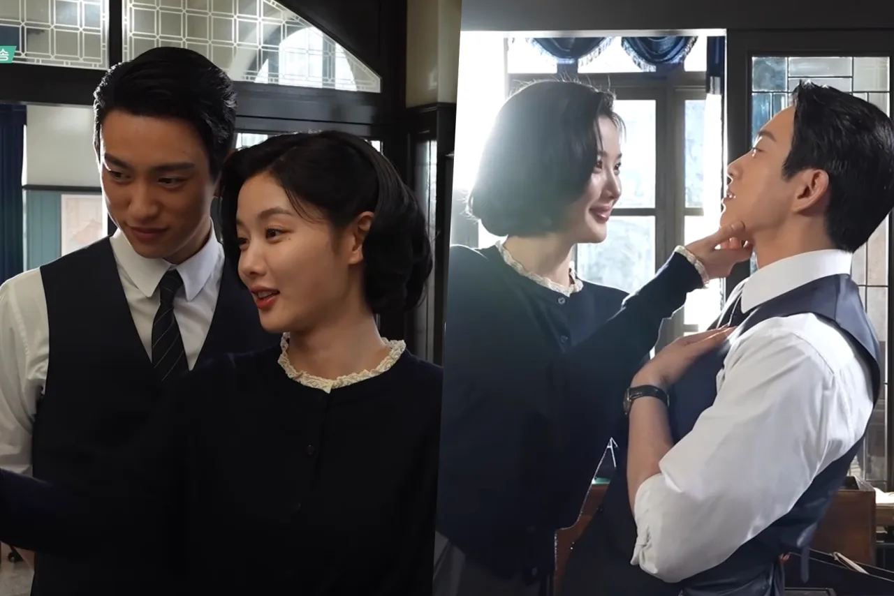 Kim You Jung e Park Jinyoung posam em trajes de época, trocando olhares ao segurar o cartaz de '100 Days of Deception