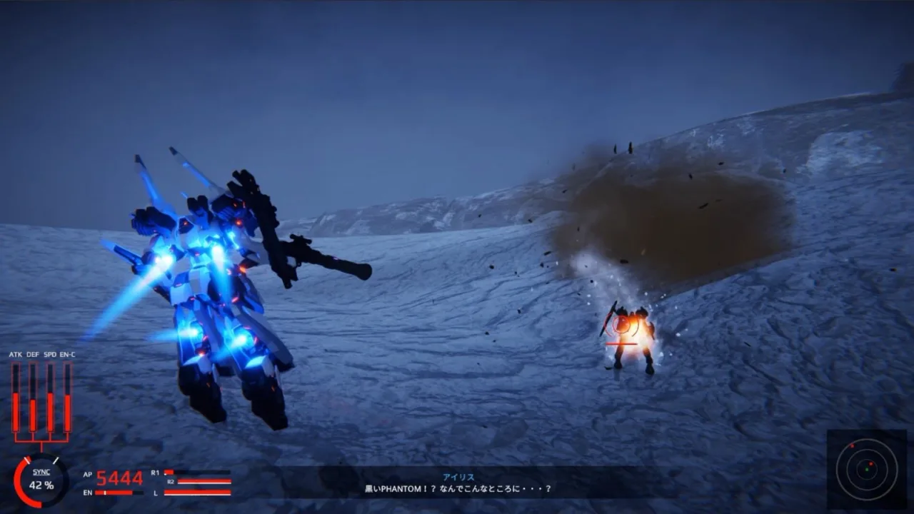 Um mecha cinza em ação, disparando lasers contra outro robô, com o logo da CodePhantom ao fundo