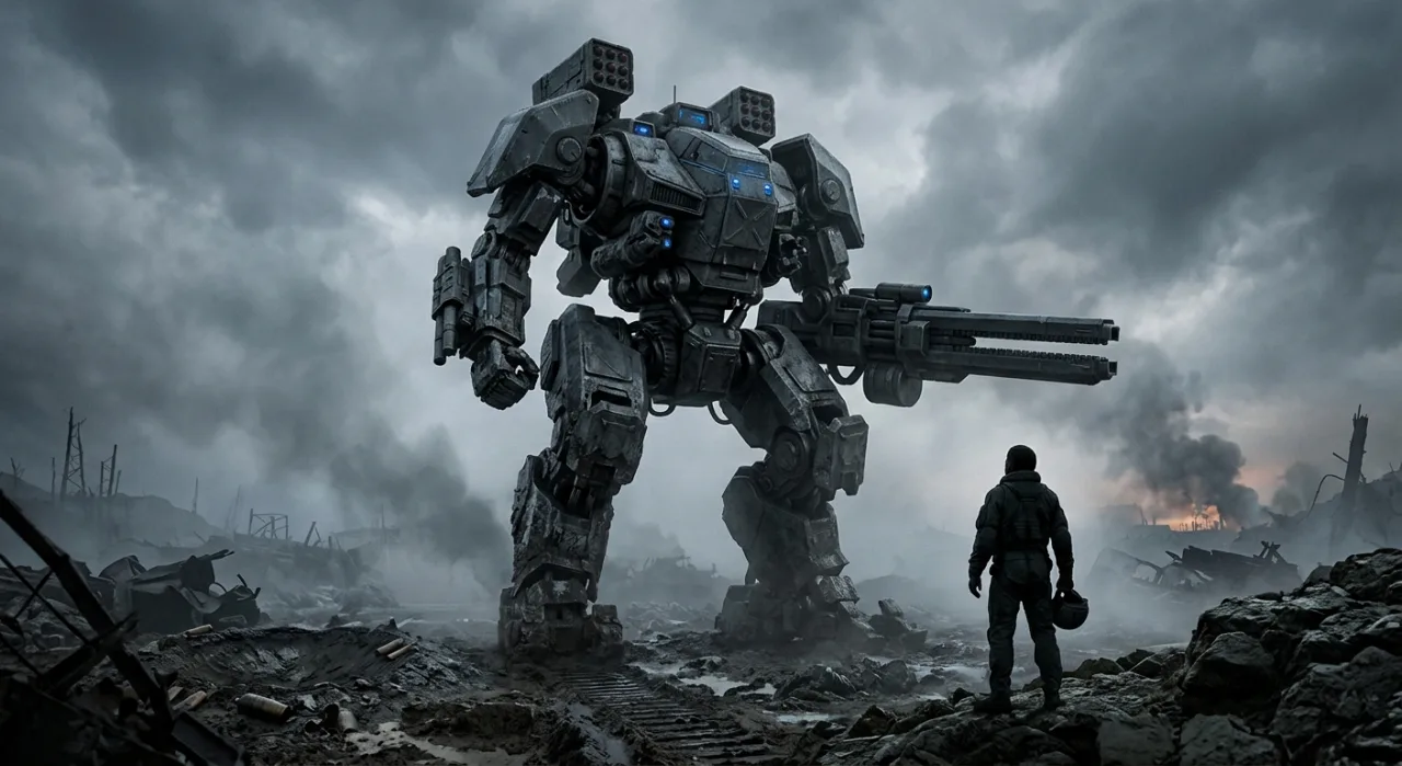 Mecha de Armored Trooper Votoms em destaque, ao lado do logo da série e o título da música “Na mo Naki Shijin no Yō ni”
