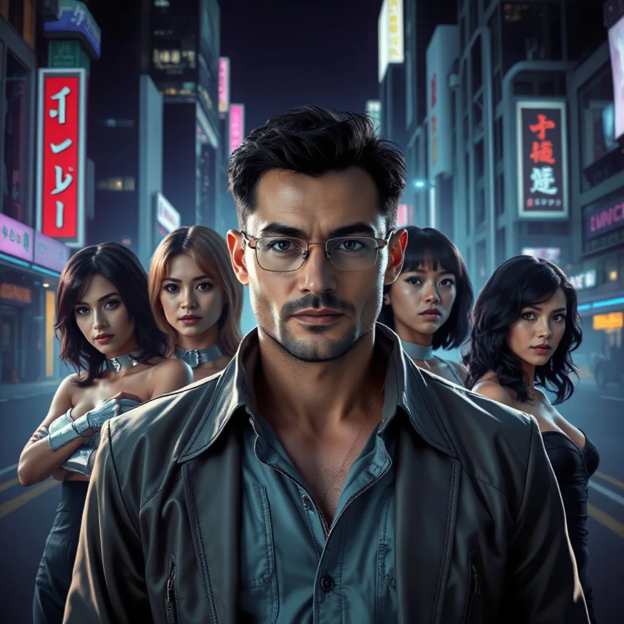 Logo ‘BLUE BITE’ ao centro, cercado por seis heroínas em trajes futuristas, com fundo de cidade neon e selo PS5