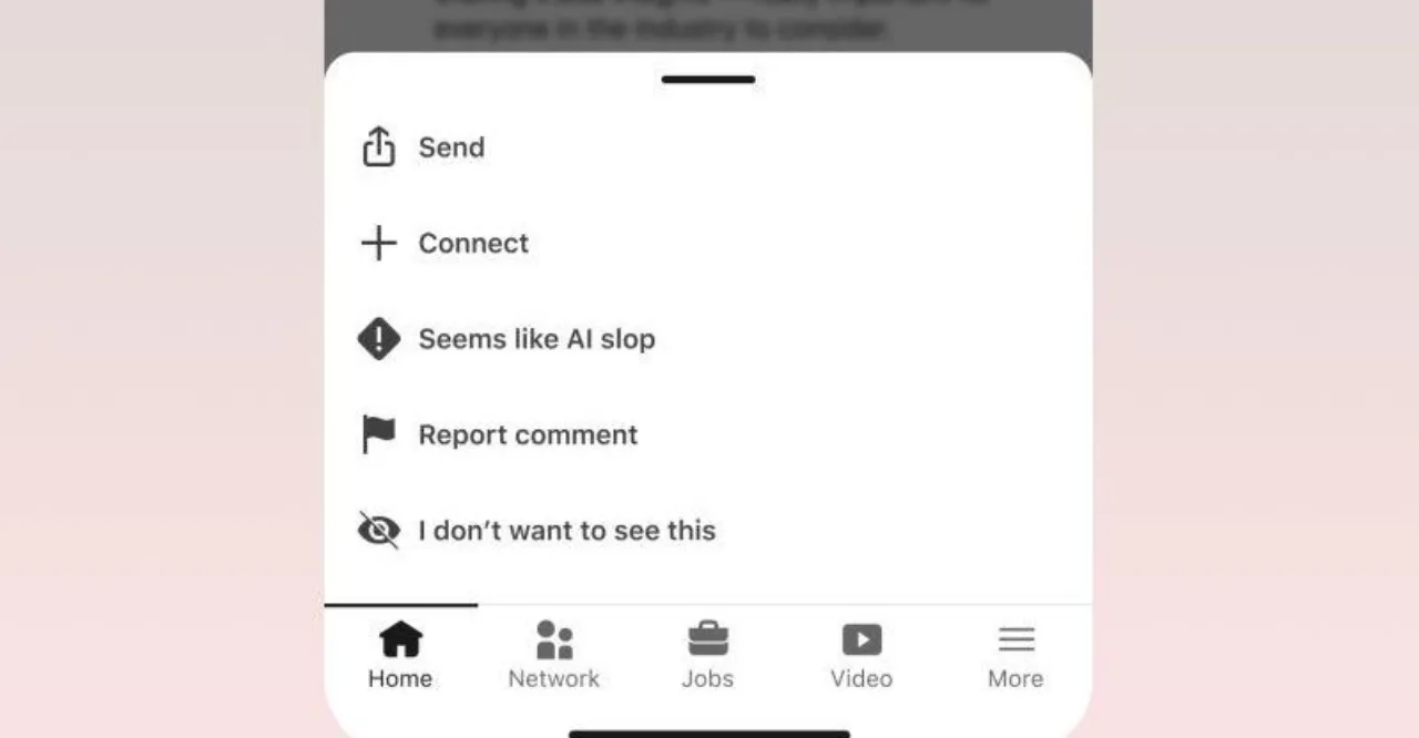 Pessoa usando laptop, perfil do LinkedIn aberto com post destacado e cursor sobre o botão “Seems like AI slop”